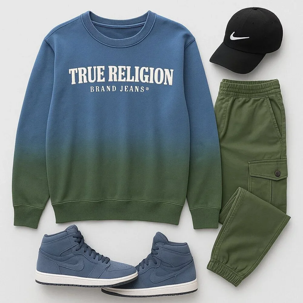 True Religion | Federal Blue Ombre Pullover Sweatshirt | Size L